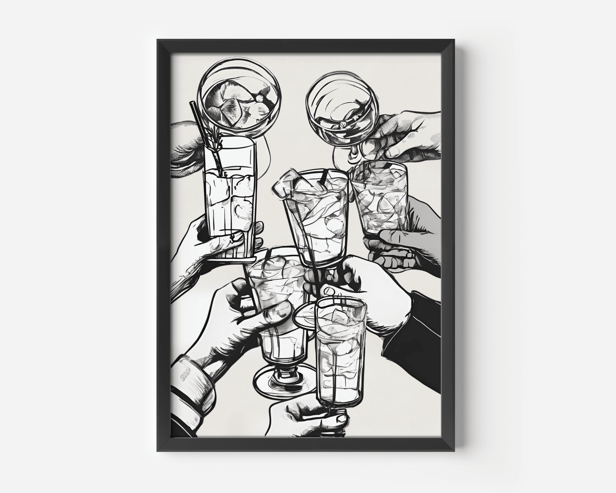 Black and white cheers wall art of hands toasting cocktails in a black frame