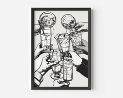 Black and white cheers wall art of hands toasting cocktails in a black frame