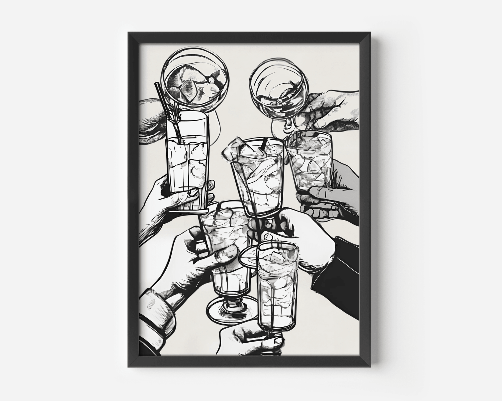 Black and white cheers wall art of hands toasting cocktails in a black frame