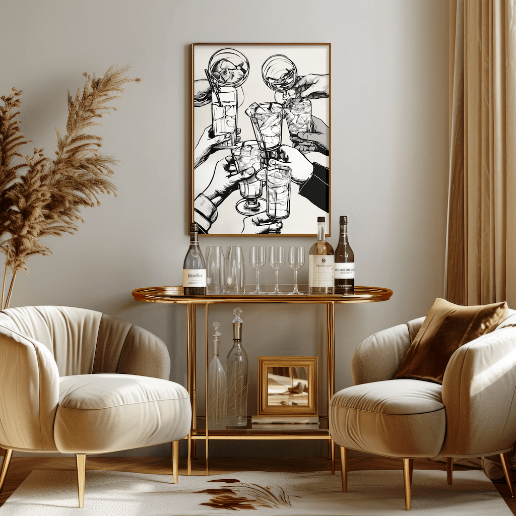 Cheers cocktail print in a natural frame above a gold bar cart between two cream armchairs