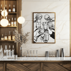 Cheers line art print on a marble wall in a home bar with lit liquor shelves