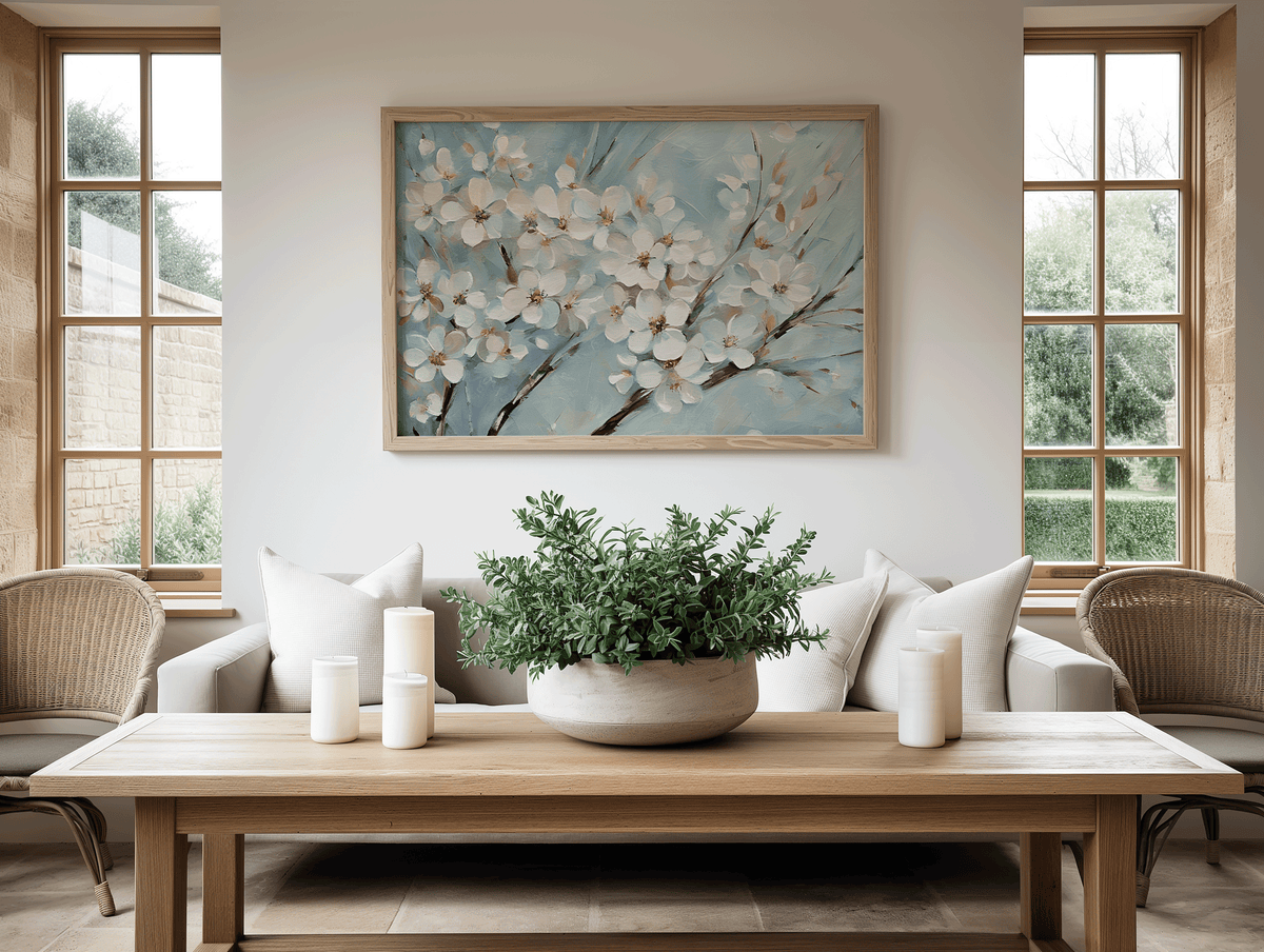 Large cherry blossom wall art with white blossoms on blue background framed in light wood, styled in a bright sunroom or living room