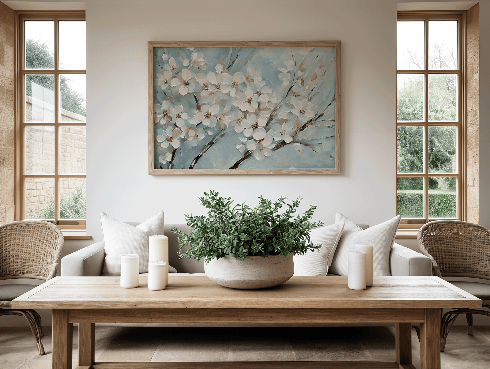 Large cherry blossom wall art with white blossoms on blue background framed in light wood, styled in a bright sunroom or living room