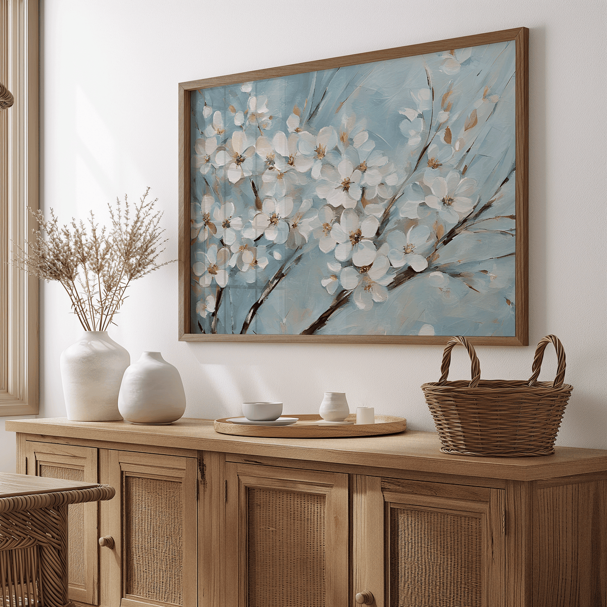 Cherry blossom floral wall art with white flowers on a blue background, framed in natural wood, displayed above a sideboard.