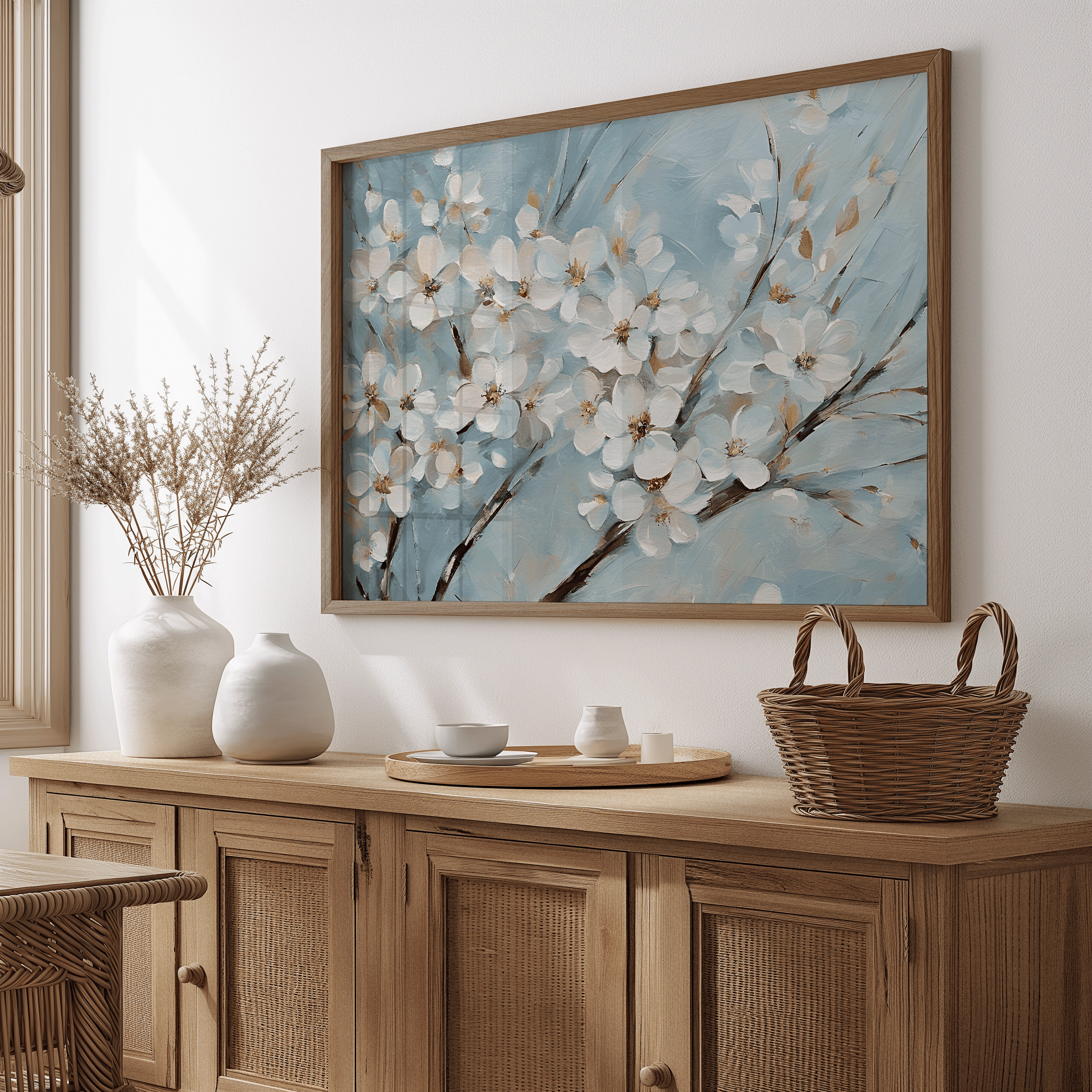 Cherry blossom floral wall art with white flowers on a blue background, framed in natural wood, displayed above a sideboard.