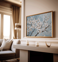 Elegant cherry blossom wall art with white flowers on soft blue background framed in gold above a modern fireplace.