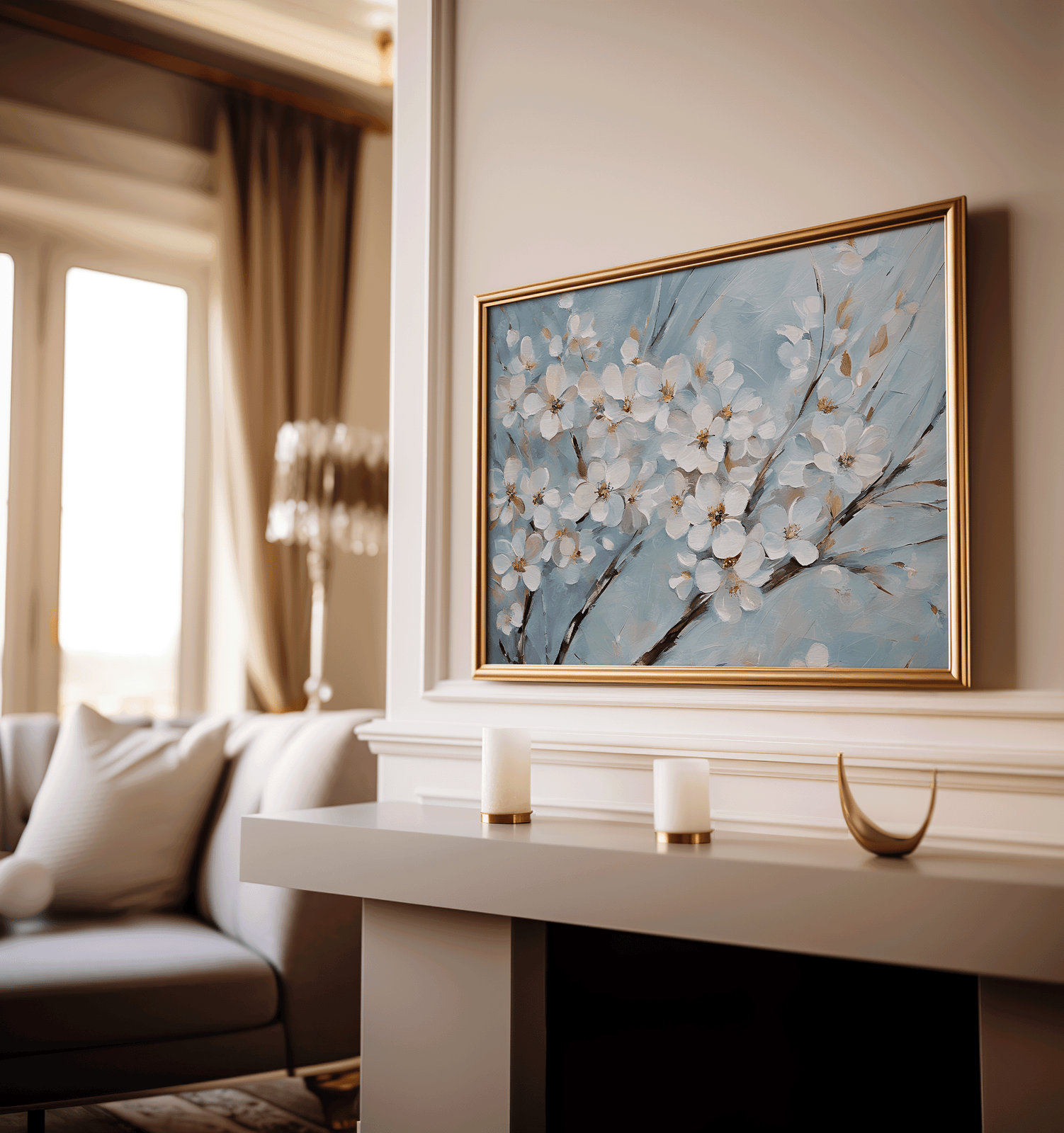 Elegant cherry blossom wall art with white flowers on soft blue background framed in gold above a modern fireplace.