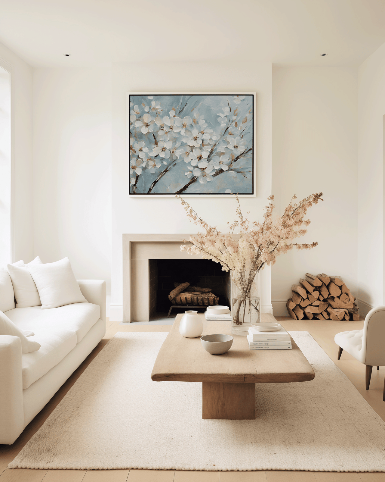 Cherry Blossom Wall Art – White Flowers on Blue Nature Print