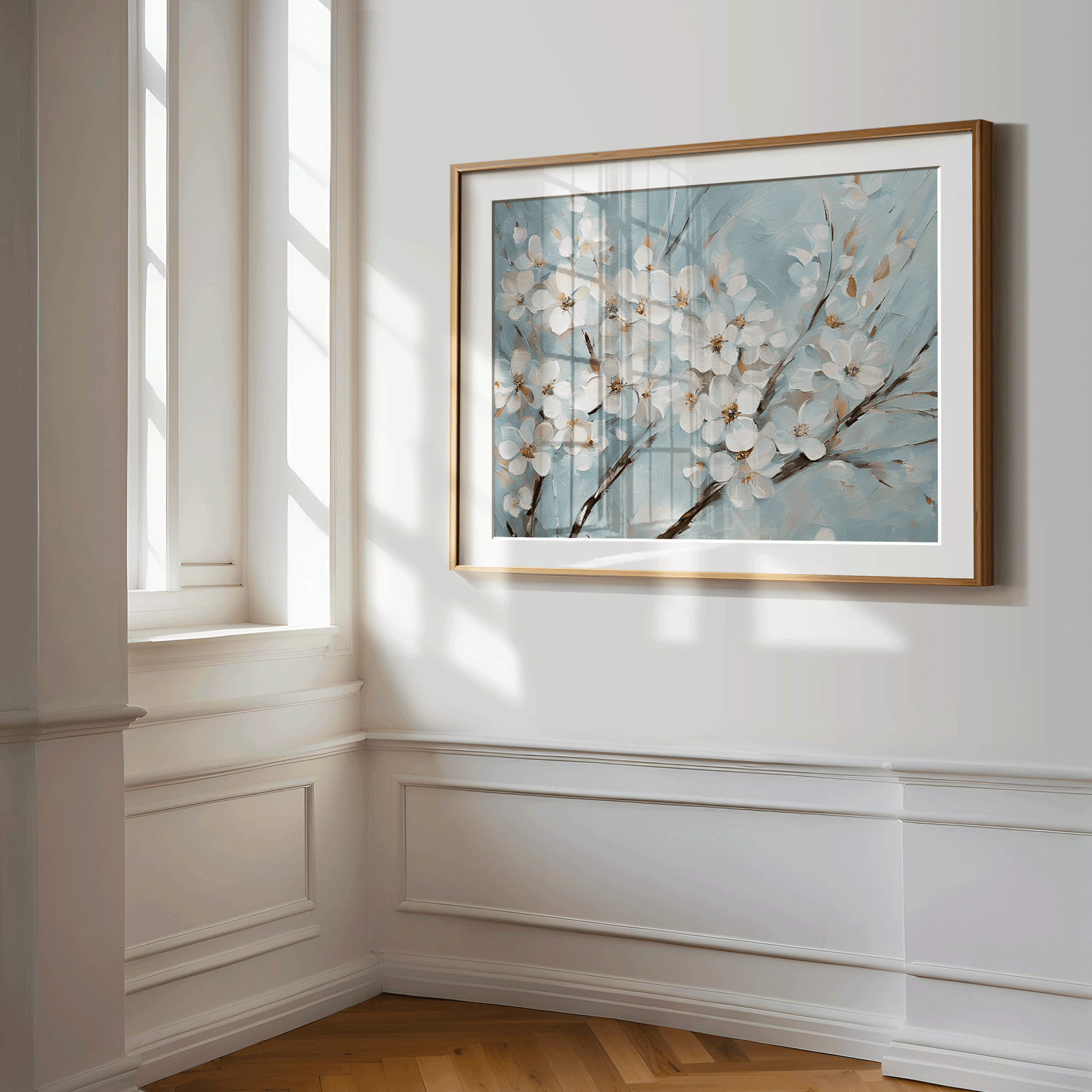 White cherry blossom floral wall art with blue background framed in gold, hanging in a bright corner interior hallway.