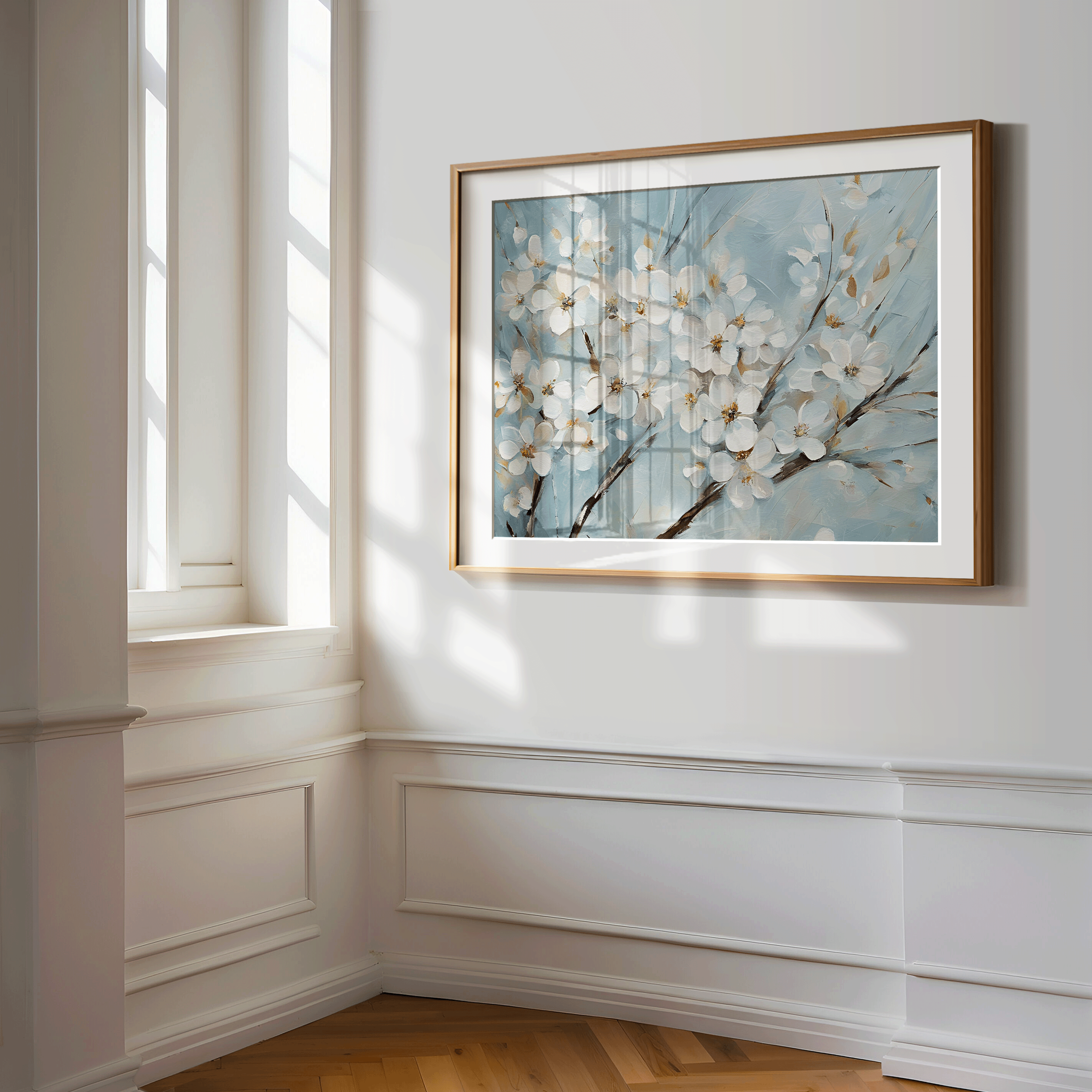 White cherry blossom floral wall art with blue background framed in gold, hanging in a bright corner interior hallway.