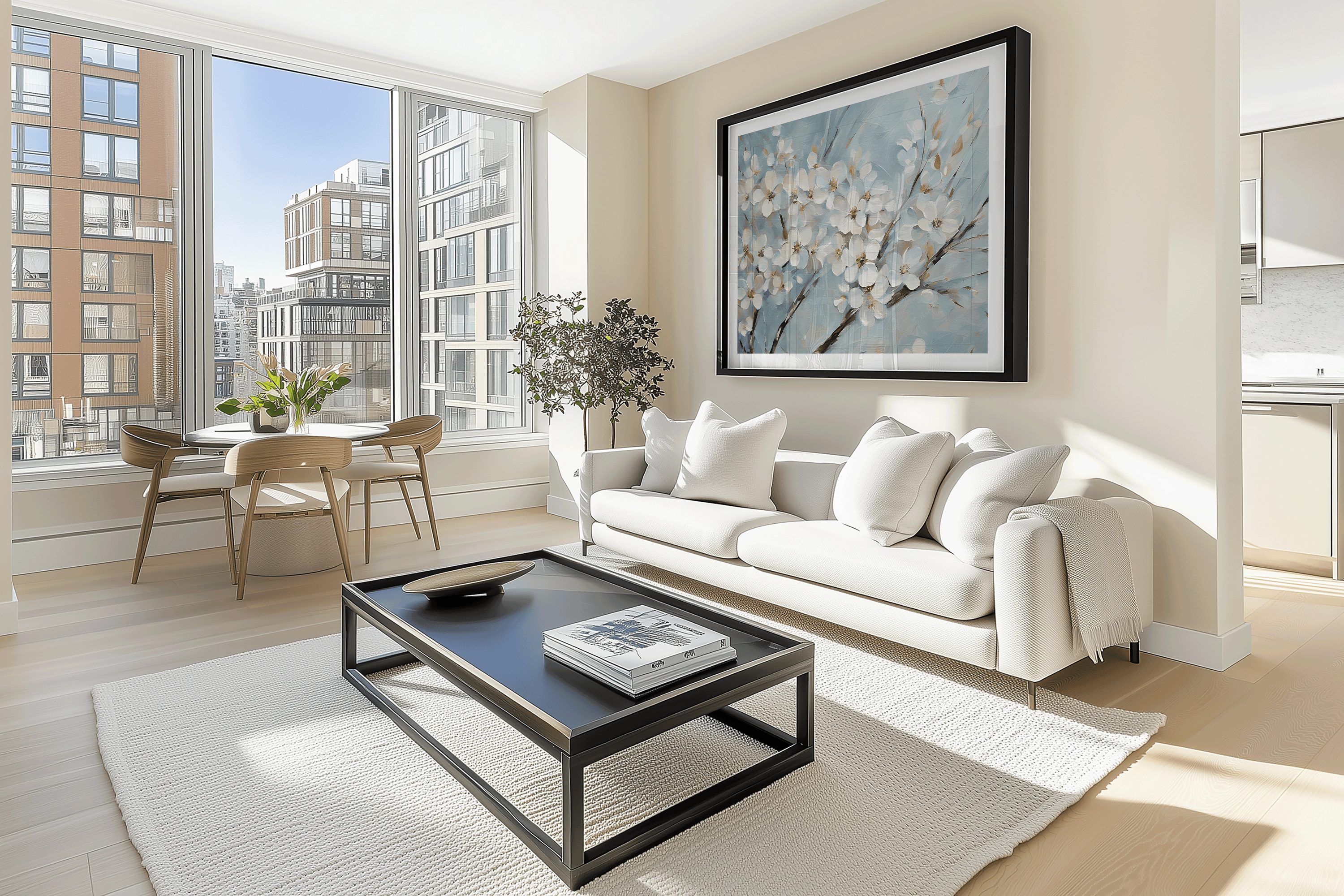 Oversized cherry blossom wall art with white flowers on a blue backdrop, framed in black, styled in a modern high-rise living room.