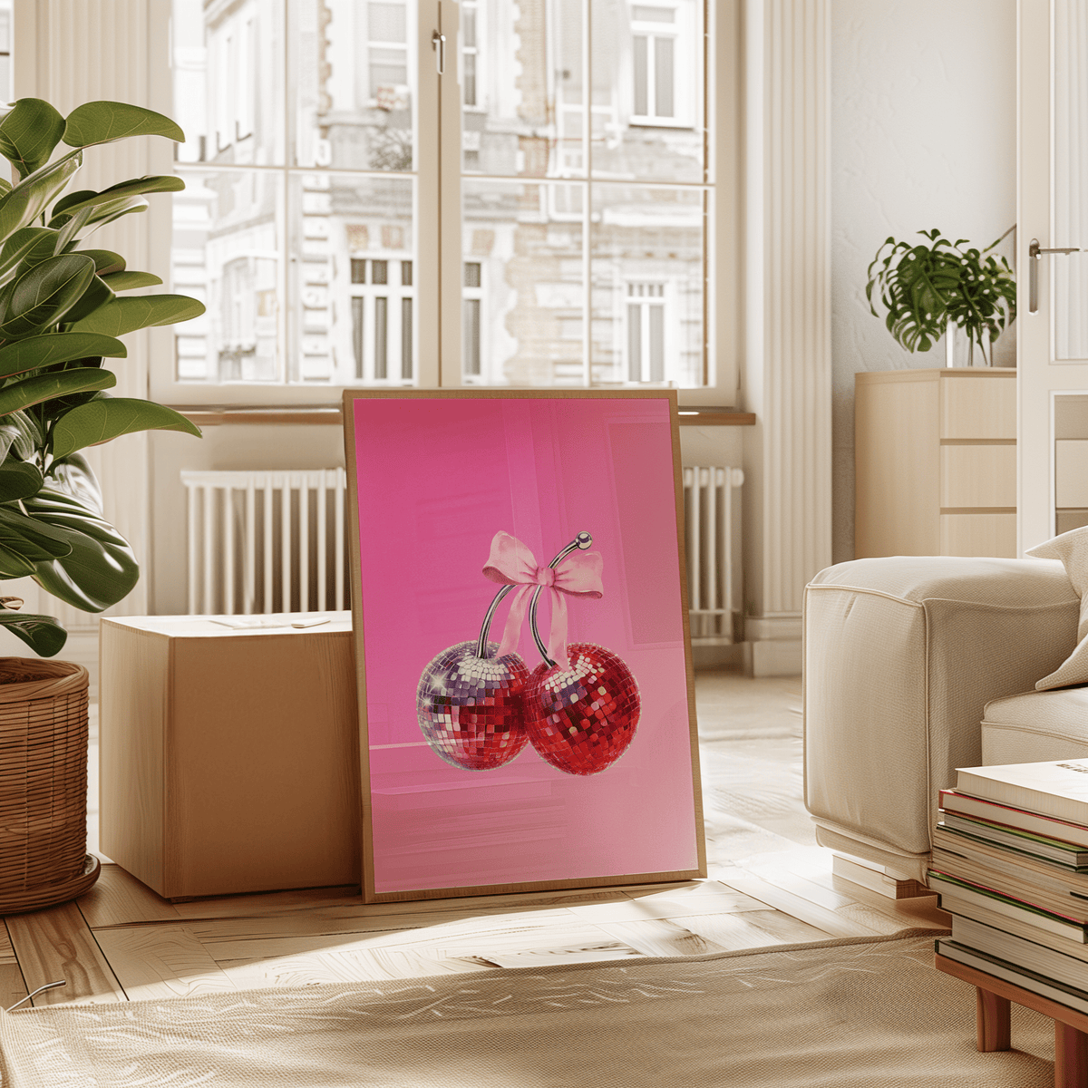 Cherry disco ball print in a natural frame leaning in a sunny living room with plants and a cream armchair