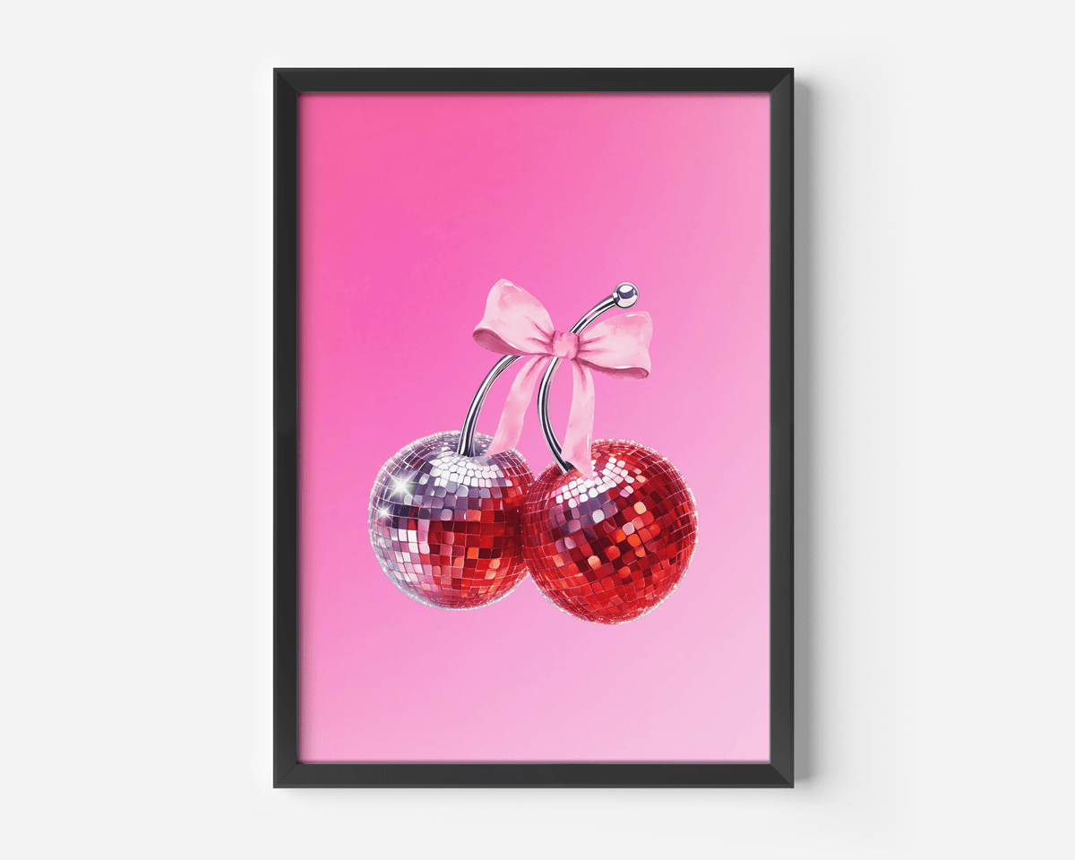 Cherry disco ball wall art with a pink coquette bow on a hot pink background in a black frame
