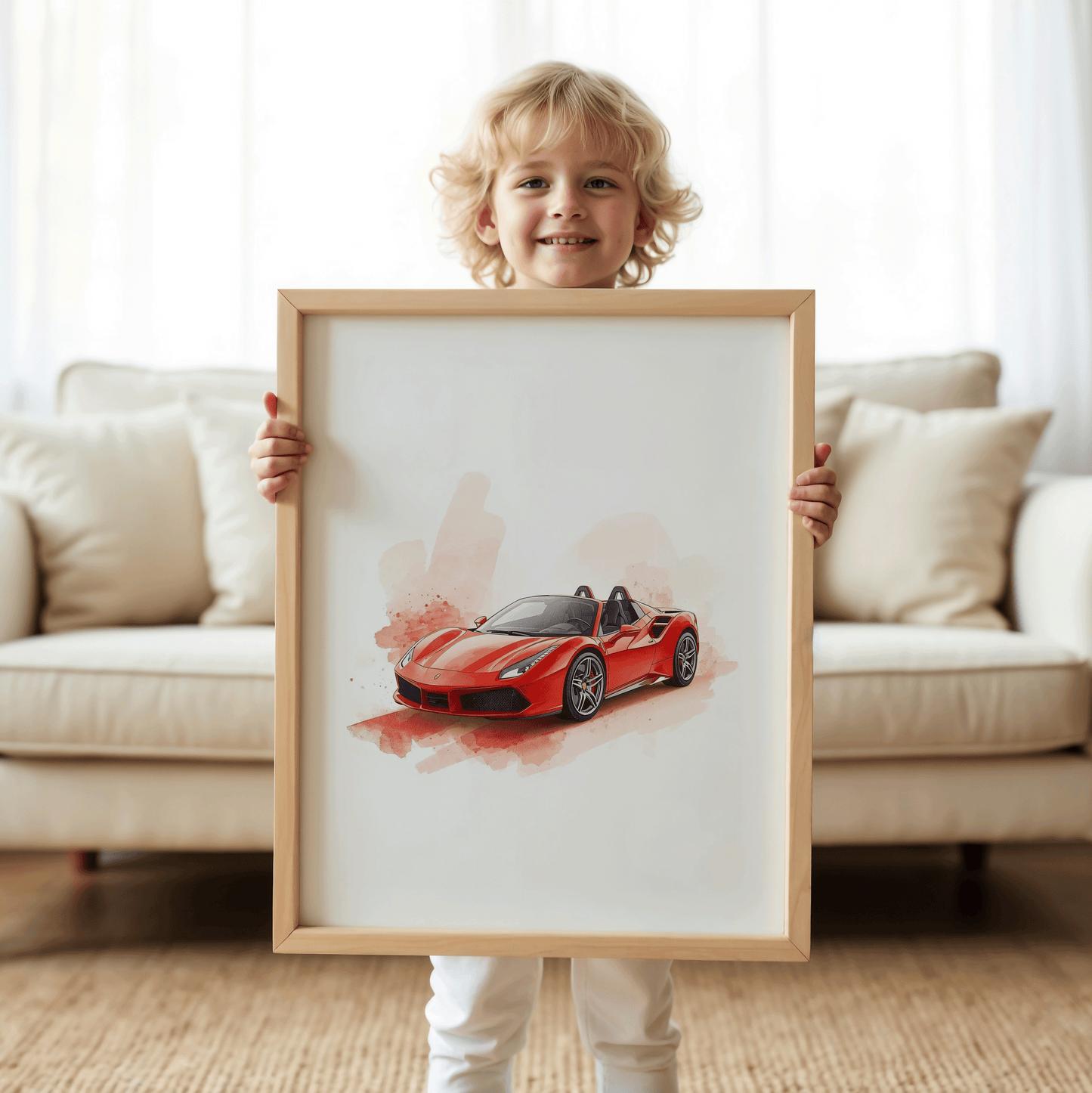 Smiling young blonde boy holding a large framed red watercolor race car print in a cozy living room, showcasing the bright red sports car with playful watercolor blotches and glossy detailing; perfect for children obsessed with fast cars and hot wheels car wall art