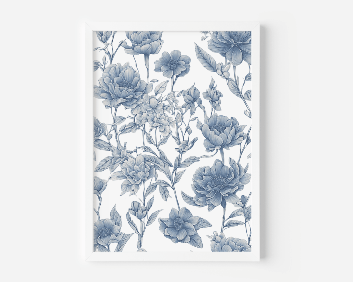 Chinoiserie wall art with blue peonies and roses in a toile pattern in a white frame