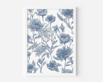 Chinoiserie wall art with blue peonies and roses in a toile pattern in a white frame