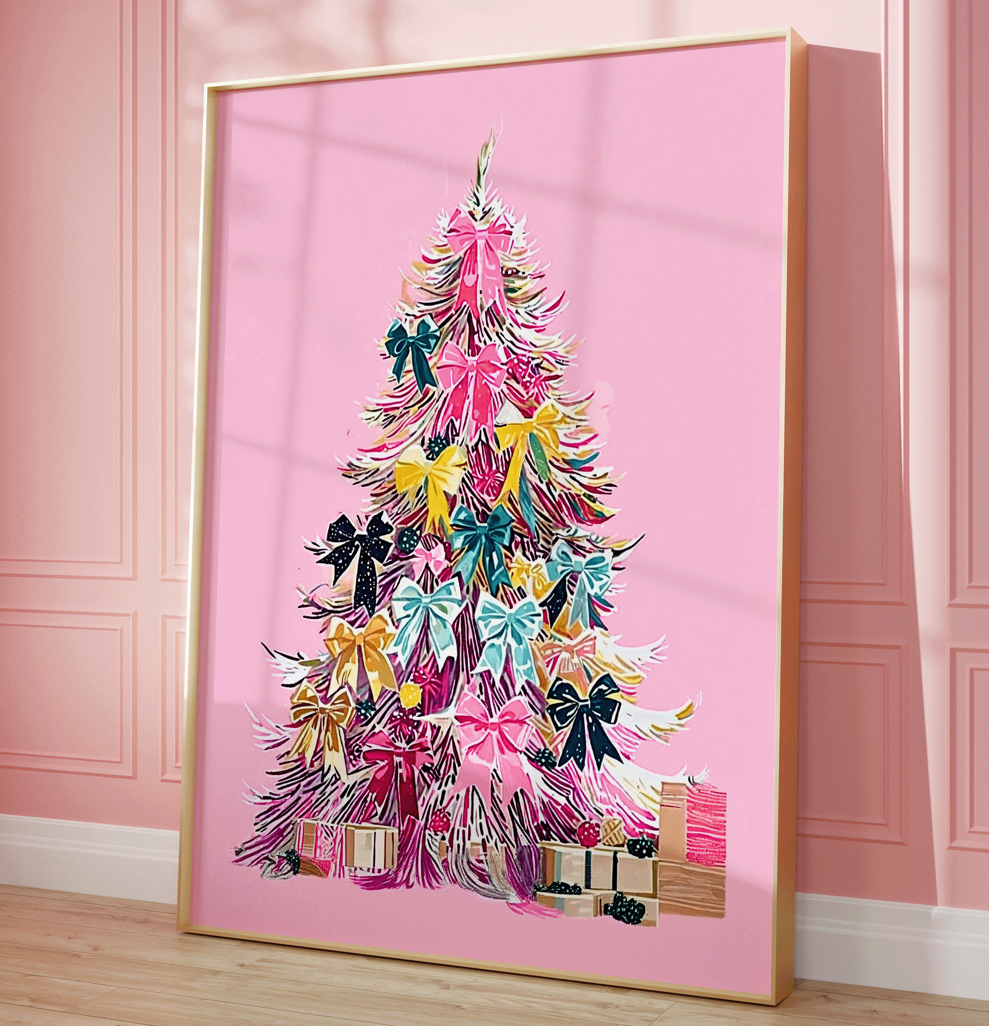 Pink Christmas tree wall art print on pink background with colorful bows and gifts, modern holiday canvas decor