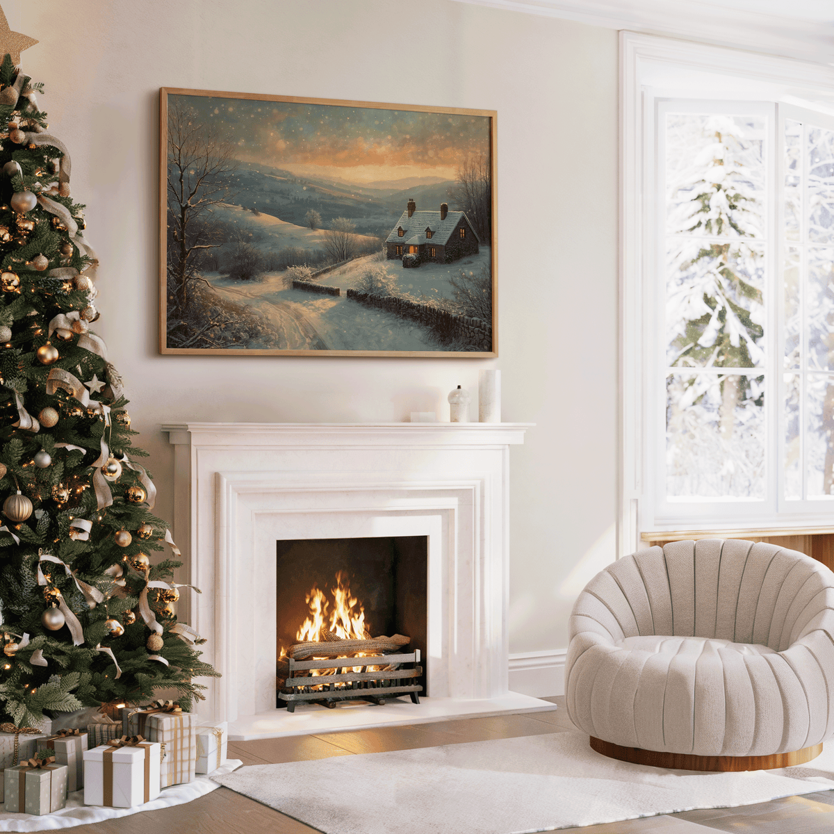 Vintage winter cottage print above a fireplace next to a decorated Christmas tree in a living room