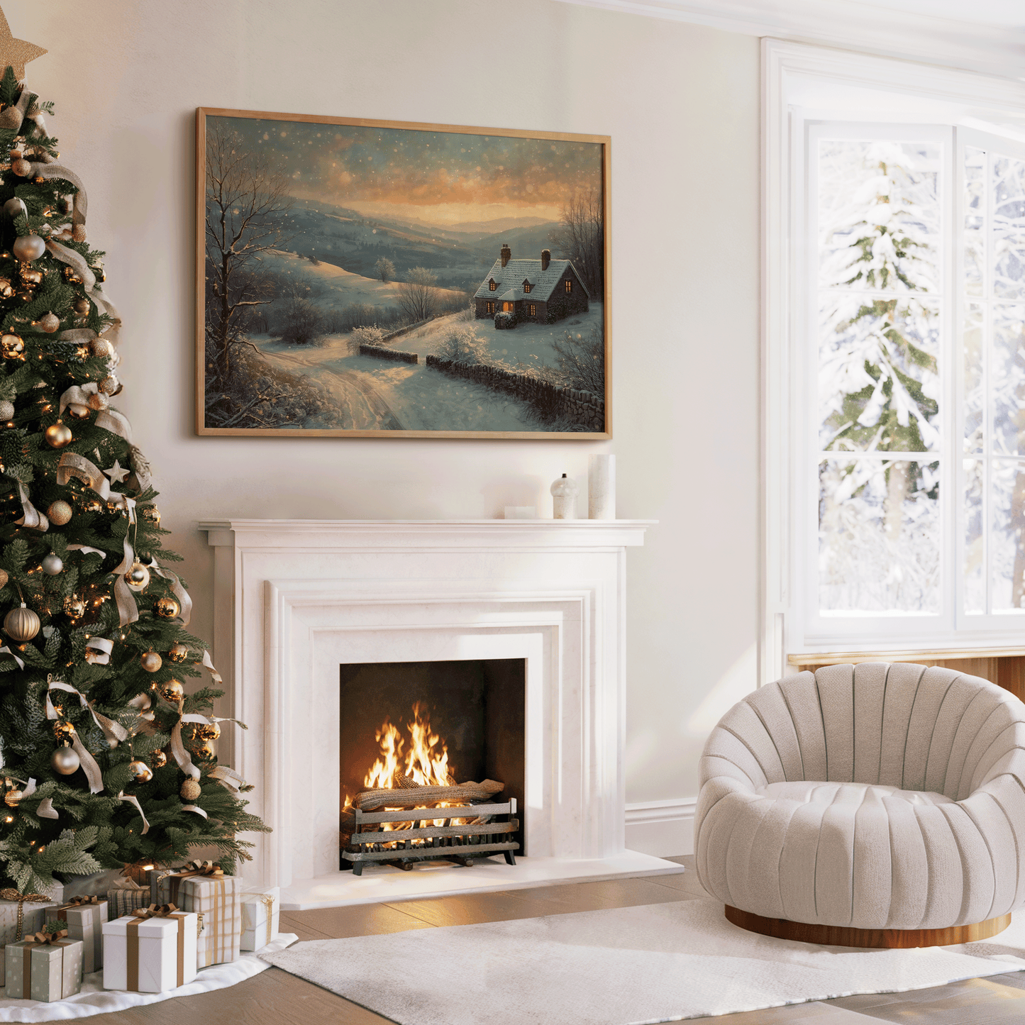 Christmas living room wall art mockup featuring a cozy vintage winter cottage painting above a fireplace next to a decorated Christmas tree, styled for festive home interiors.