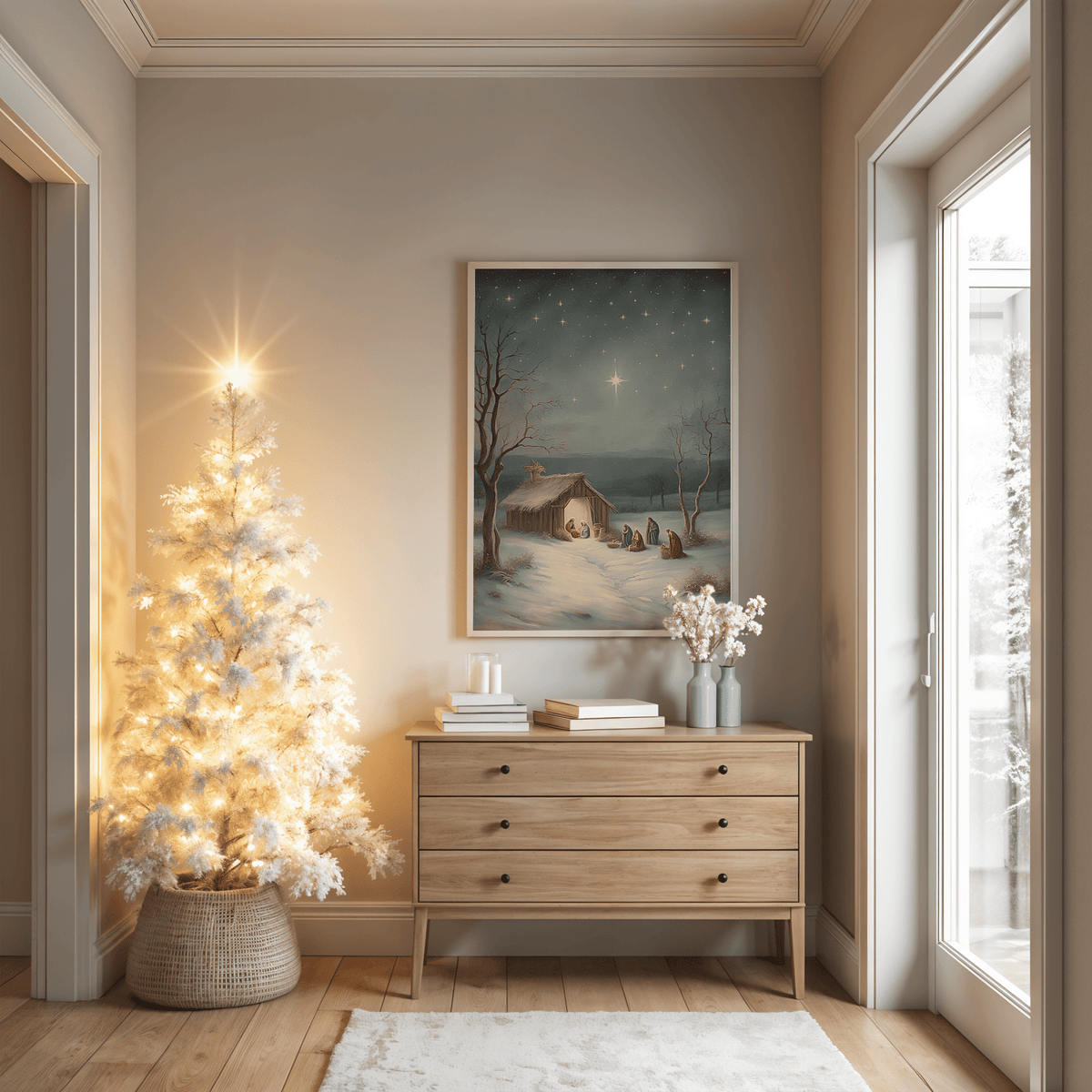 Framed nativity scene wall art featuring baby Jesus under the Star of Bethlehem, displayed above a wooden dresser beside a glowing white Christmas tree in a minimal, cozy living room or hallway or entryway.