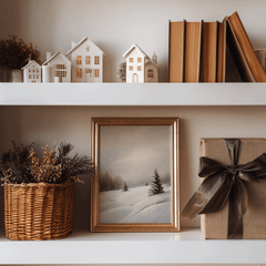Framed neutral snowy landscape print on a shelf with a wrapped gift, white ceramic houses and a wicker basket