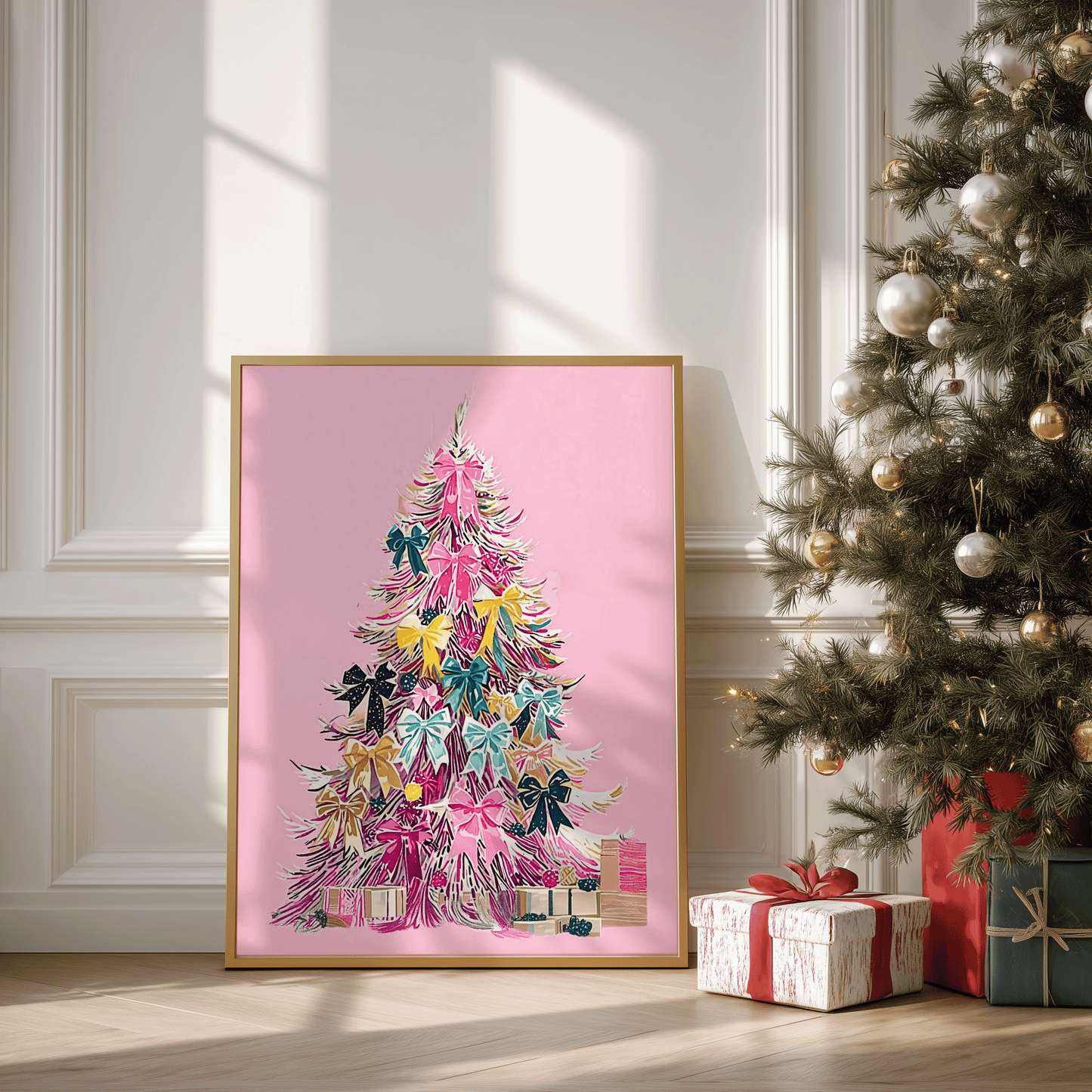 Framed Christmas tree canvas wall art featuring pink and colorful festive bows, ideal for bright holiday decor
