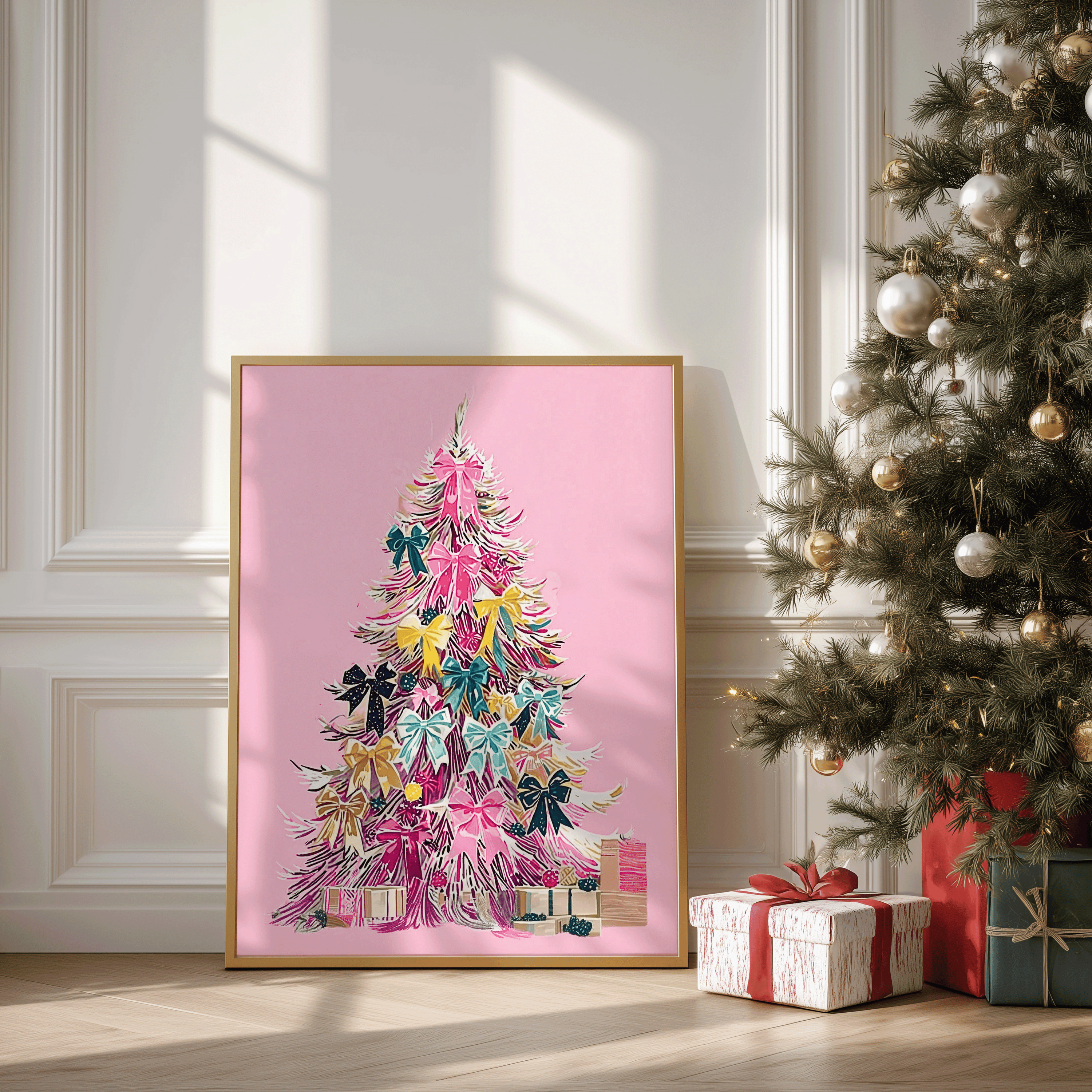 Framed Christmas tree canvas wall art featuring pink and colorful festive bows, ideal for bright holiday decor