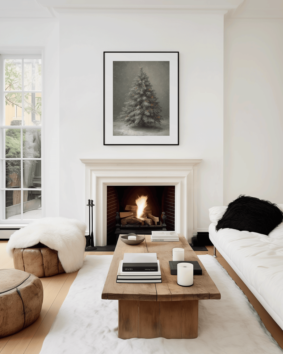 Framed vintage Christmas tree wall art above a fireplace in a modern living room with warm rustic tones