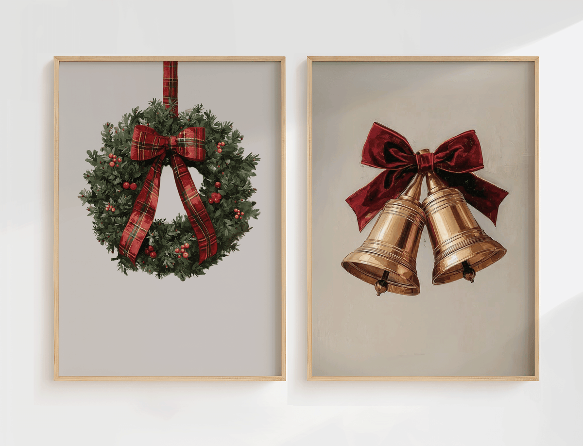 Christmas wreath and vintage gold bells wall art pair with a tartan bow and red velvet ribbon