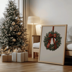 Christmas wreath print leaning under a decorated tree beside wrapped gifts
