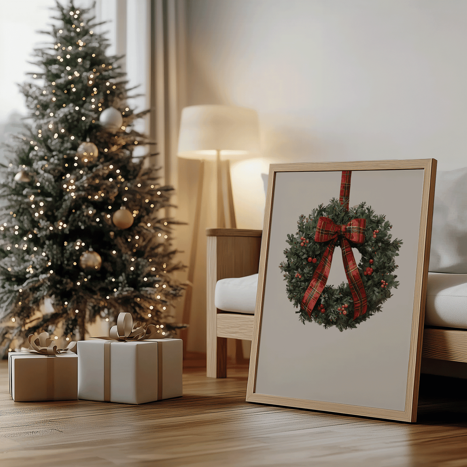 Christmas wreath print leaning under a decorated tree beside wrapped gifts