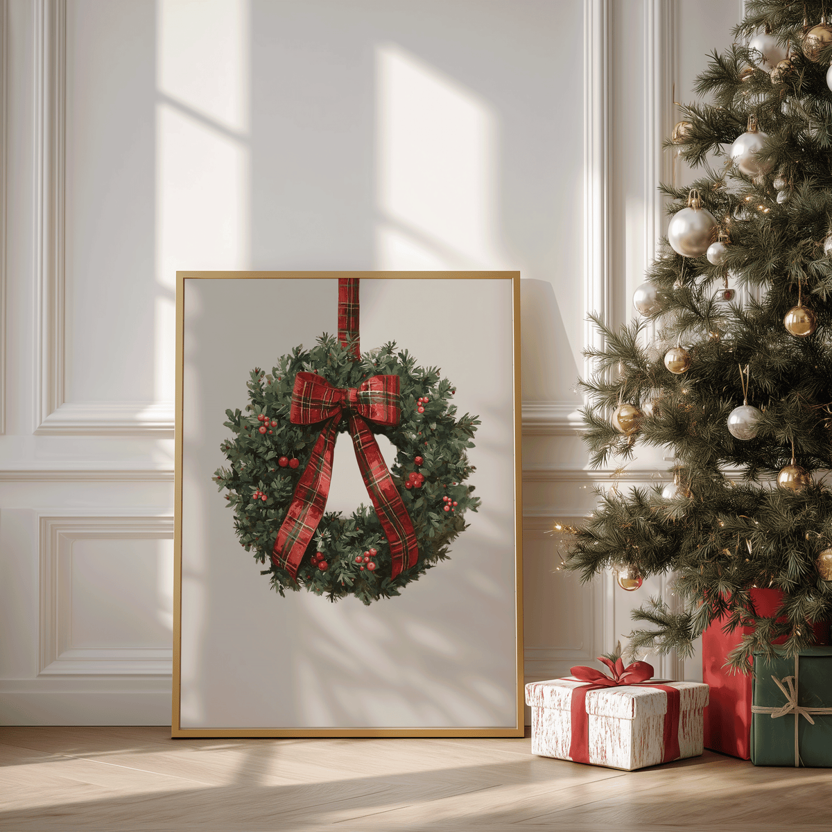 Christmas wreath wall art in a gold frame beside a decorated Christmas tree in a living room