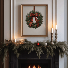 Christmas wreath wall art above a fireplace mantel with candles and garland