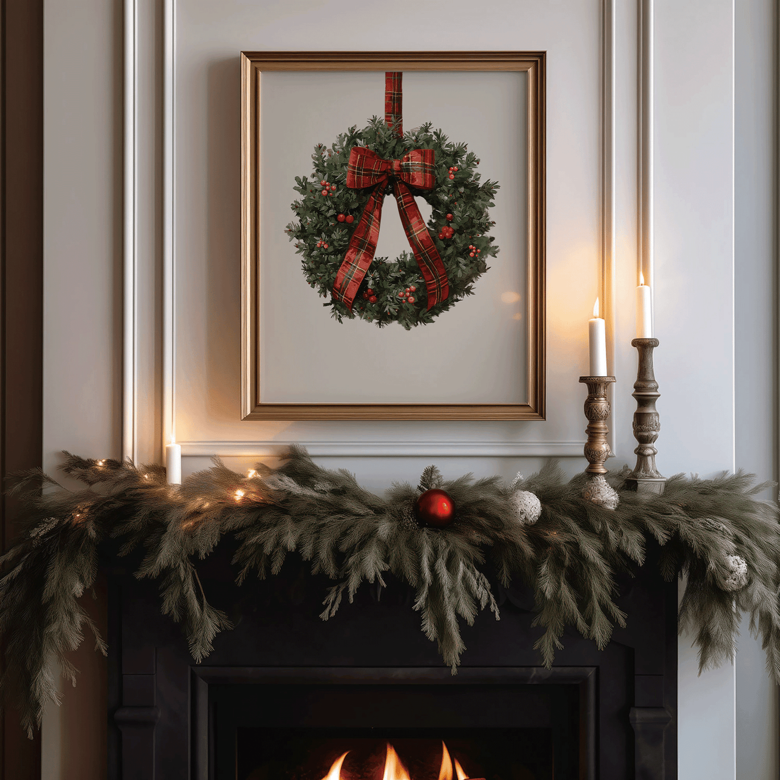 Christmas wreath wall art above a fireplace mantel with candles and garland