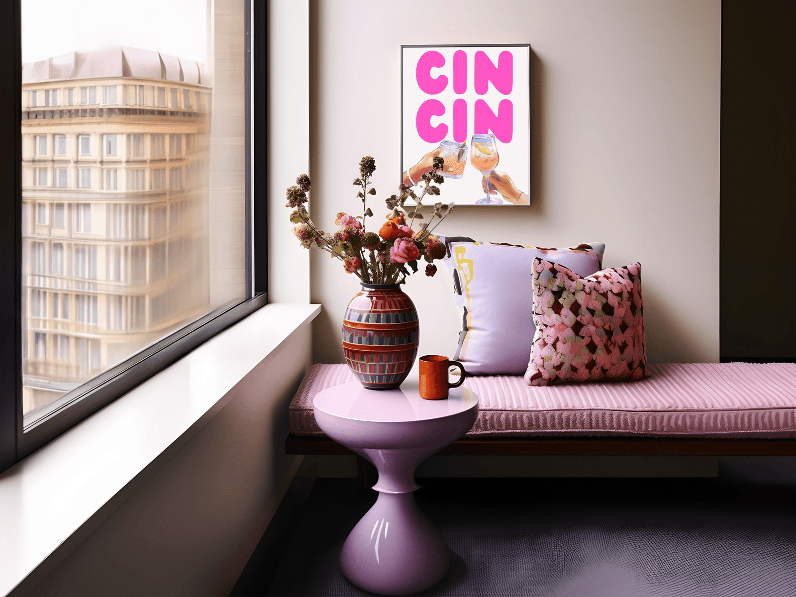 Cin cin print above a pink upholstered bench with patterned pillows beside a city window