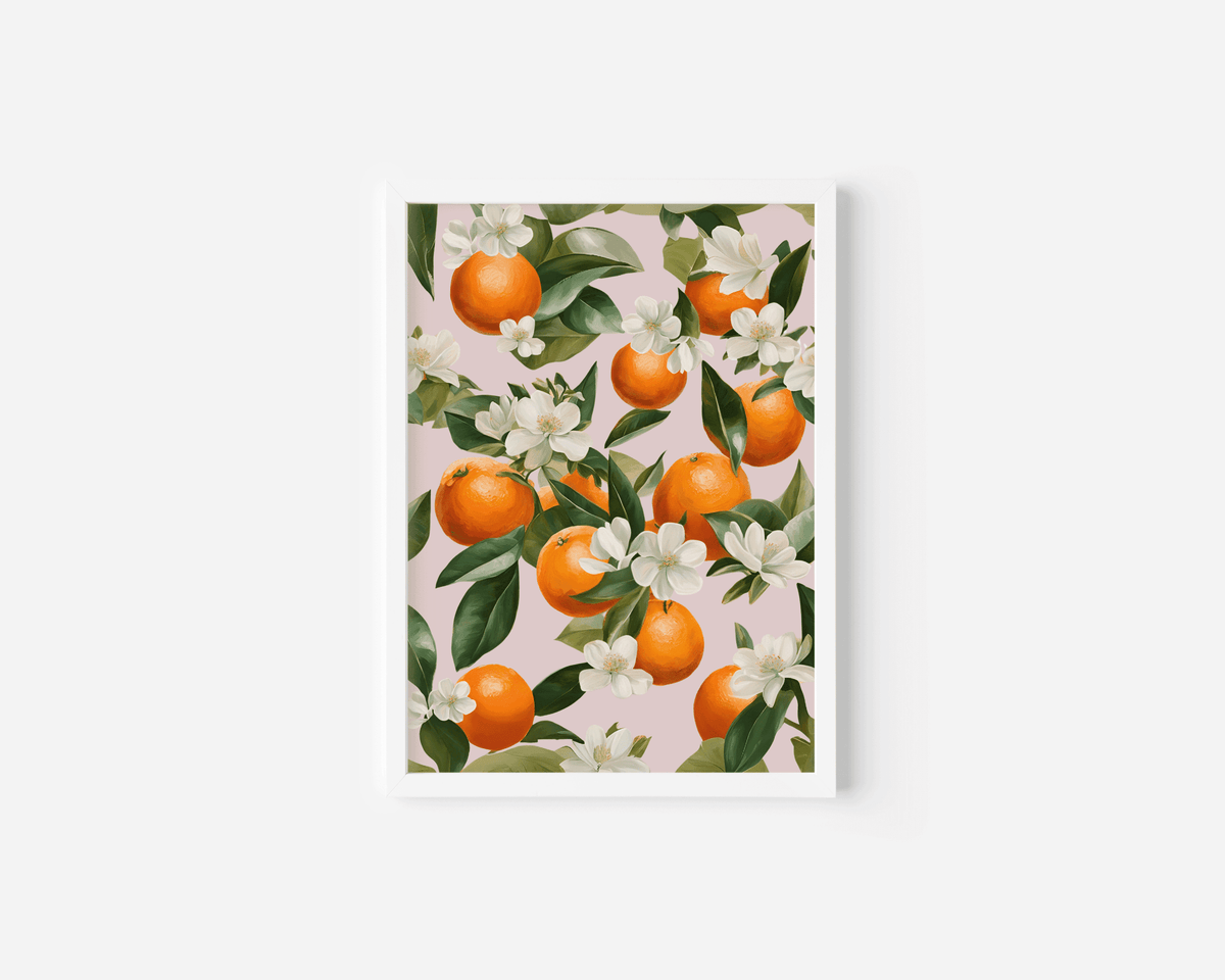 Framed citrus orange blossom print with white flowers and green leaves on a blush pink background