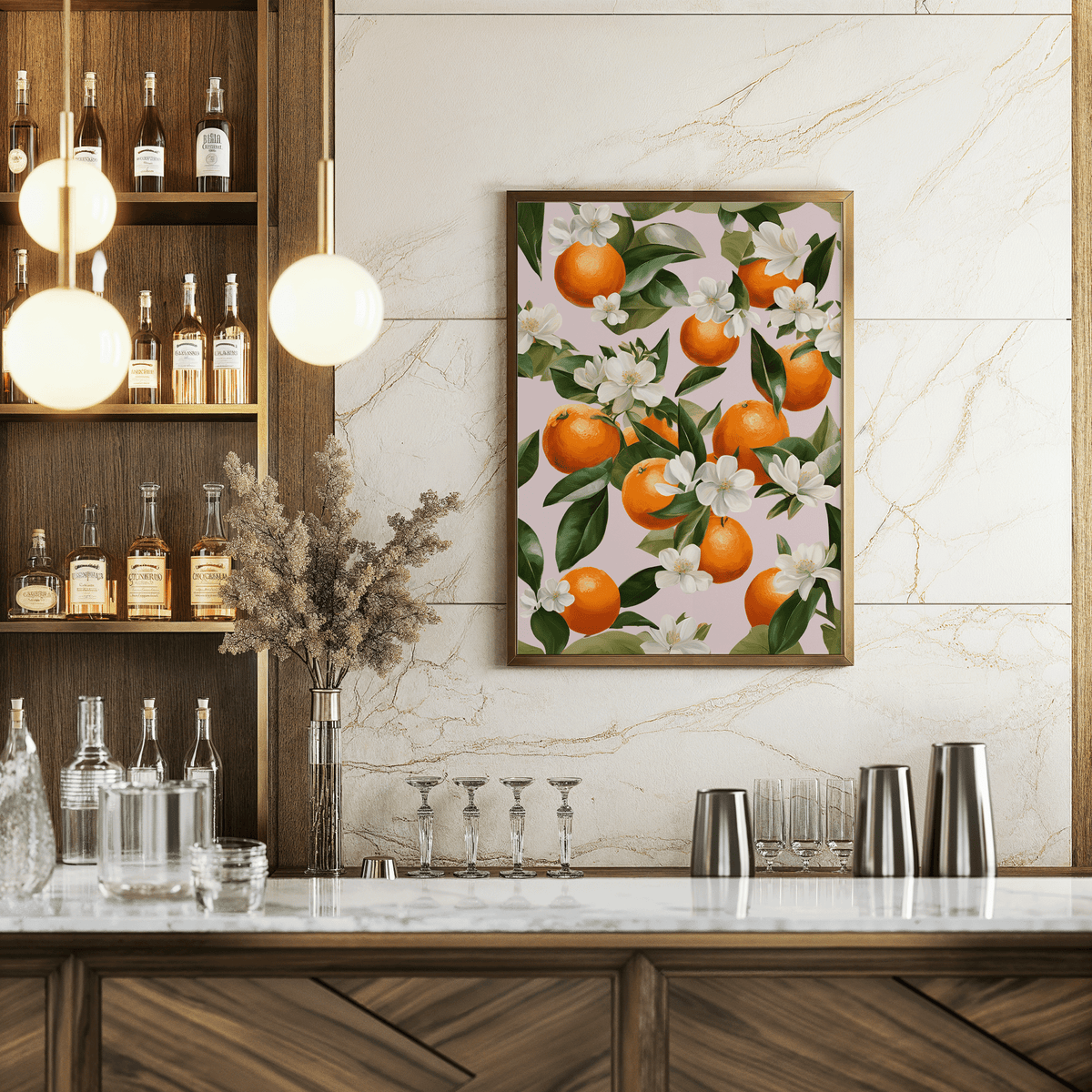 Citrus wall art framed in a modern restaurant bar or dining room area