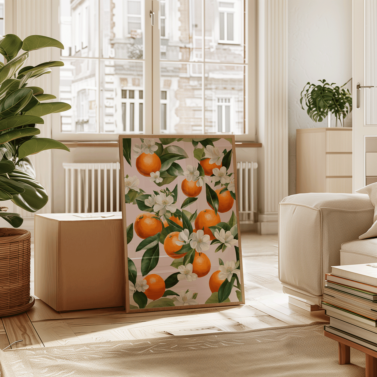 Citrus wall art with oranges and white flowers leaning against a wall in a bright neutral living room — modern apartment wall art for living or dining spaces