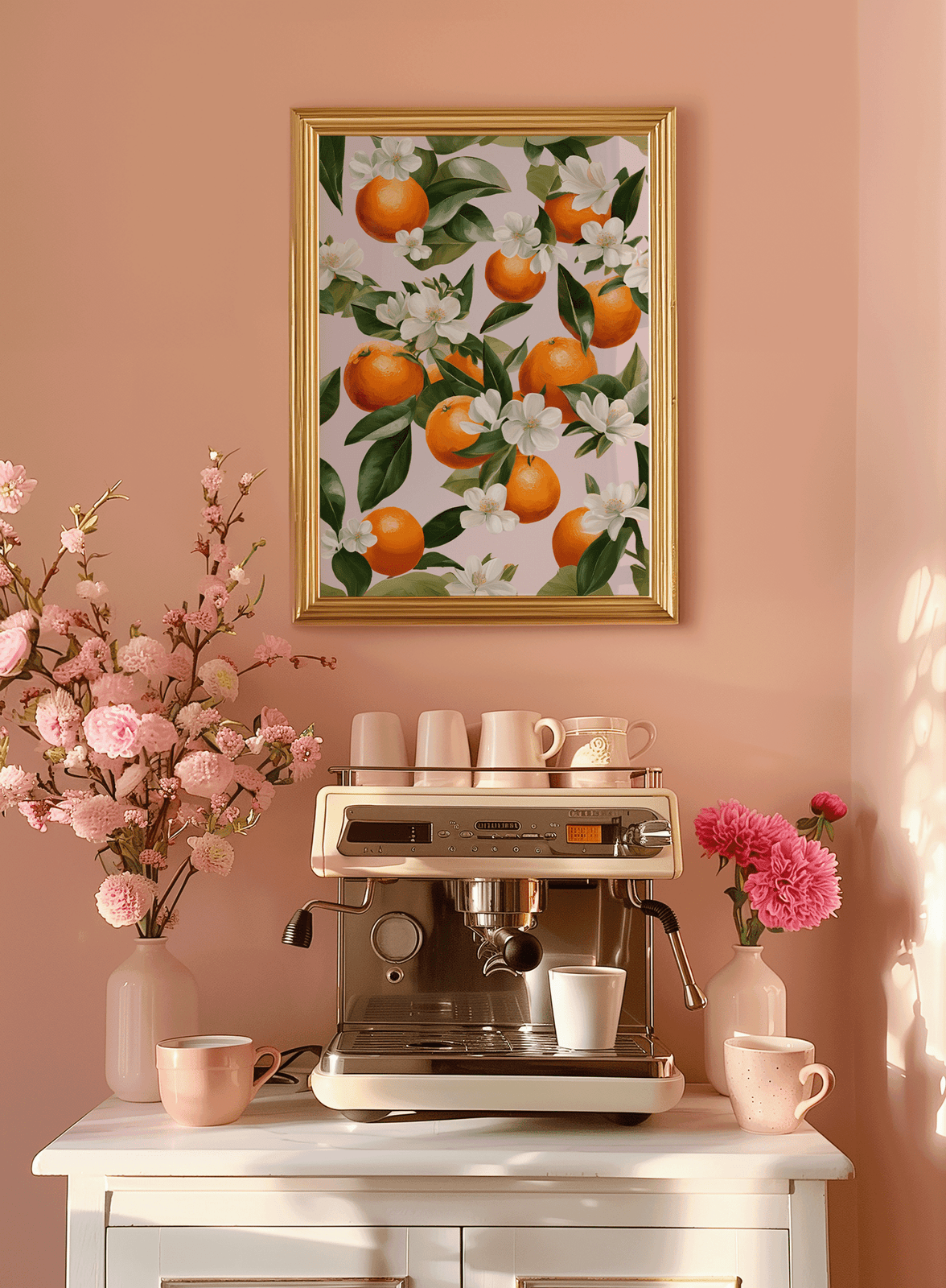 Citrus orange blossom wall art with white flowers in gold frame hanging above espresso machine on blush pink wall — perfect kitchen or coffee nook wall art décor