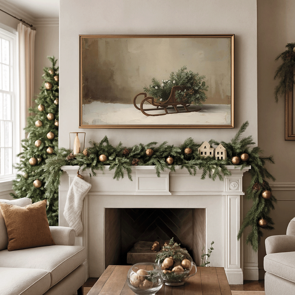 Traditional Christmas living room with lush evergreen garlands and gold ornaments along a fireplace mantel, featuring a large framed vintage sleigh wall art print as the room’s holiday focal point. Neutral, minimal with rustic aesthetic wall art.