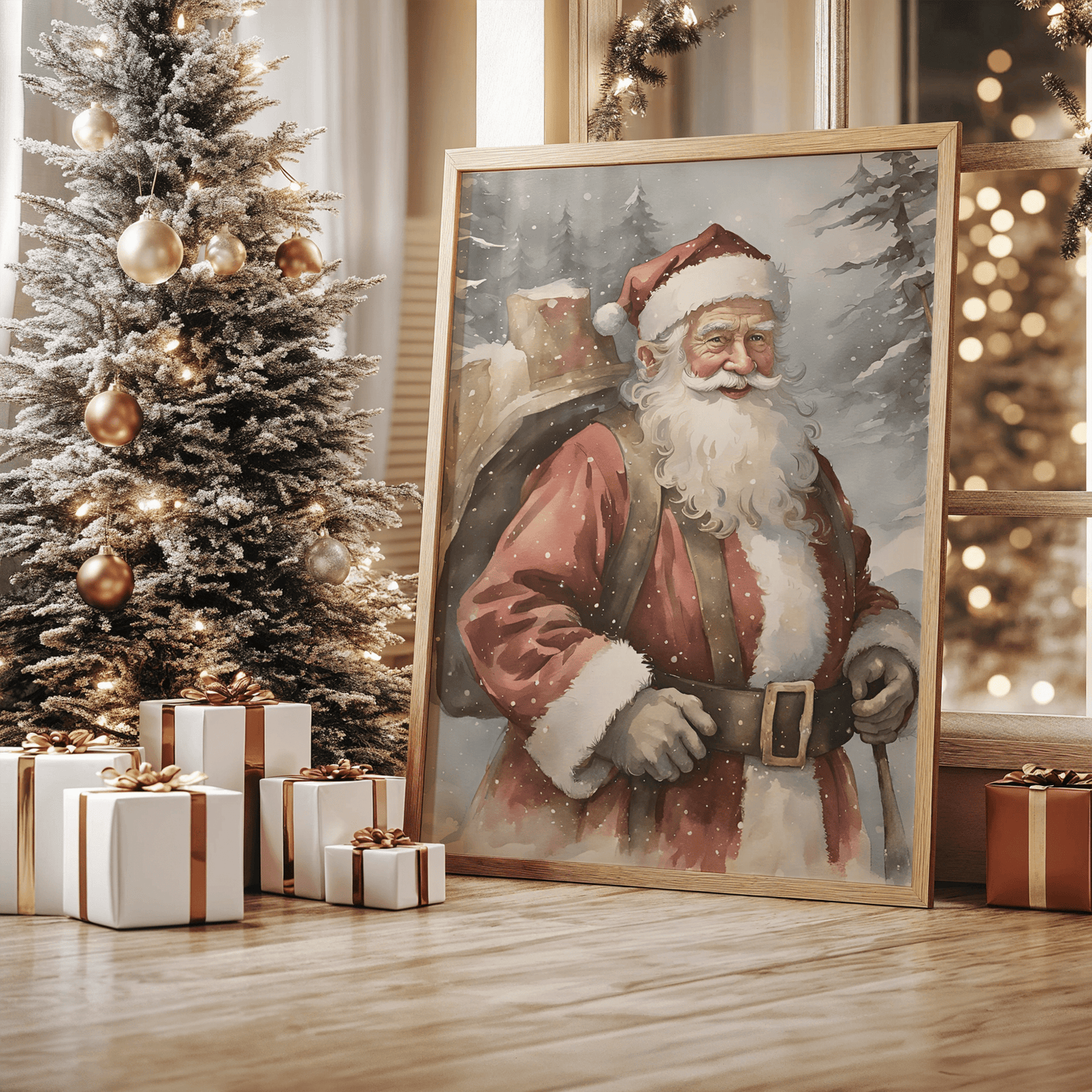 Classic Santa portrait with rustic style as a framed canvas print leaning by Christmas tree with wrapped gifts and warm holiday lights