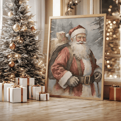 Classic Santa portrait with rustic style as a framed canvas print leaning by Christmas tree with wrapped gifts and warm holiday lights