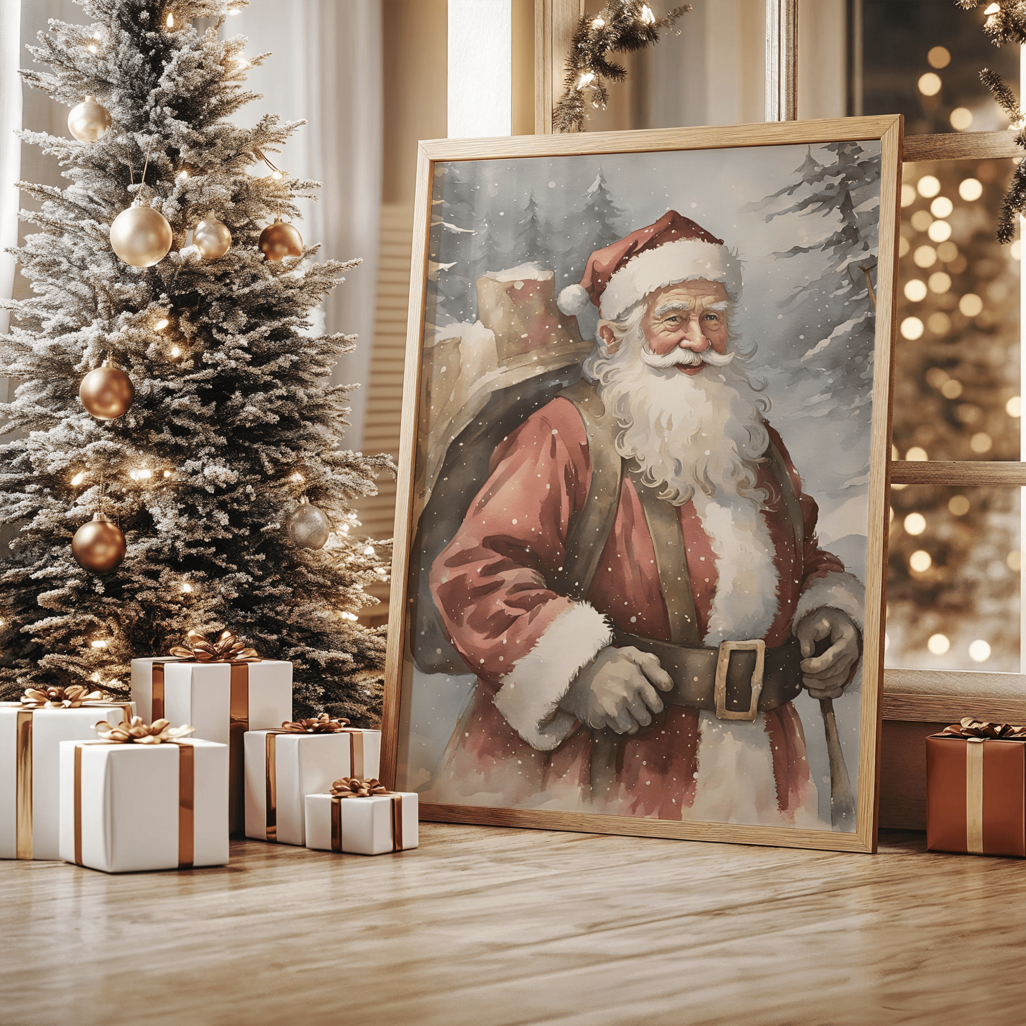 Classic Santa portrait with rustic style as a framed canvas print leaning by Christmas tree with wrapped gifts and warm holiday lights