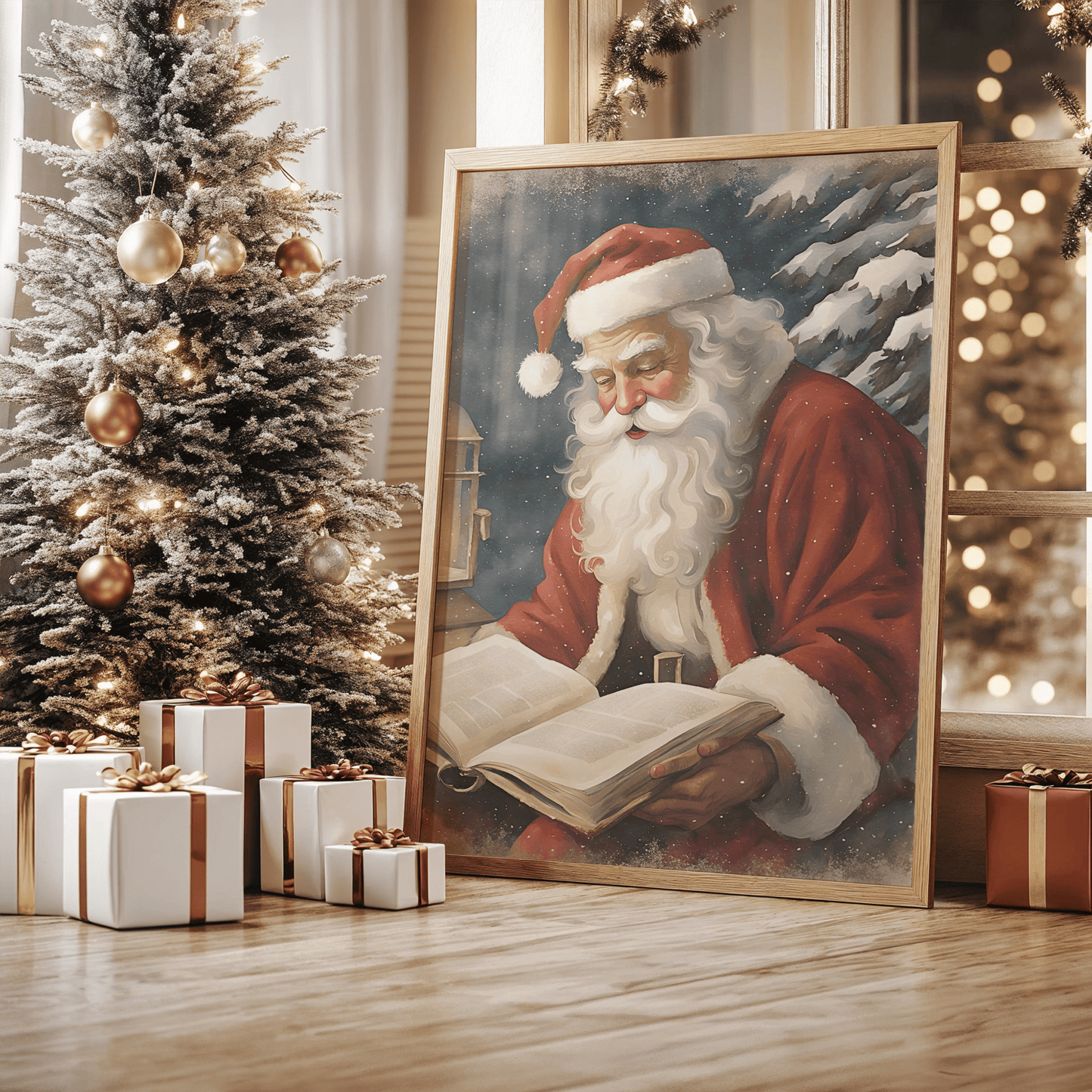 Classic Santa reading portrait leaning by Christmas tree with wrapped presents and warm lights