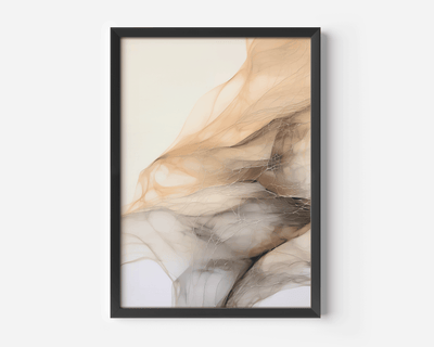 Close-up of framed beige, gold and cream abstract wall art print with modern black frame.