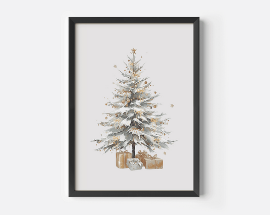 Close up of a black framed Christmas tree canvas print featuring white and gold details, perfect for minimalist holiday wall art