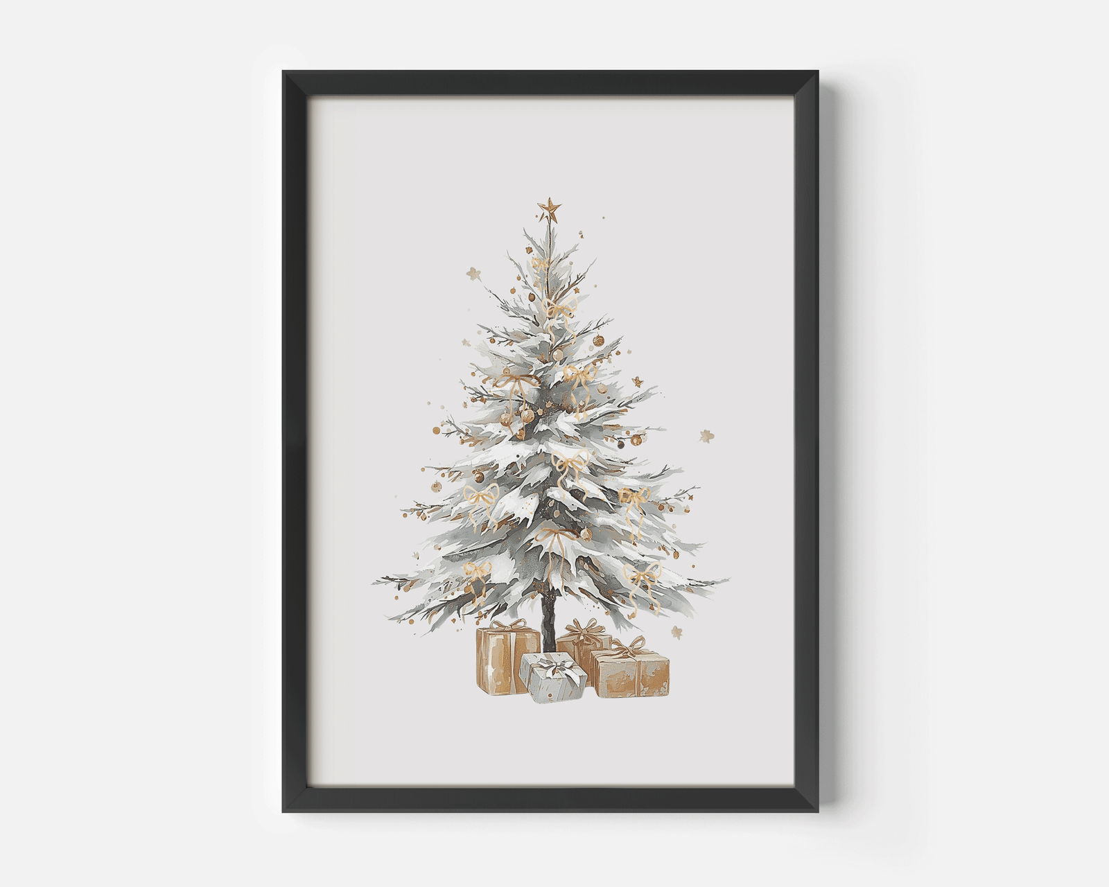 Close up of a black framed Christmas tree canvas print featuring white and gold details, perfect for minimalist holiday wall art