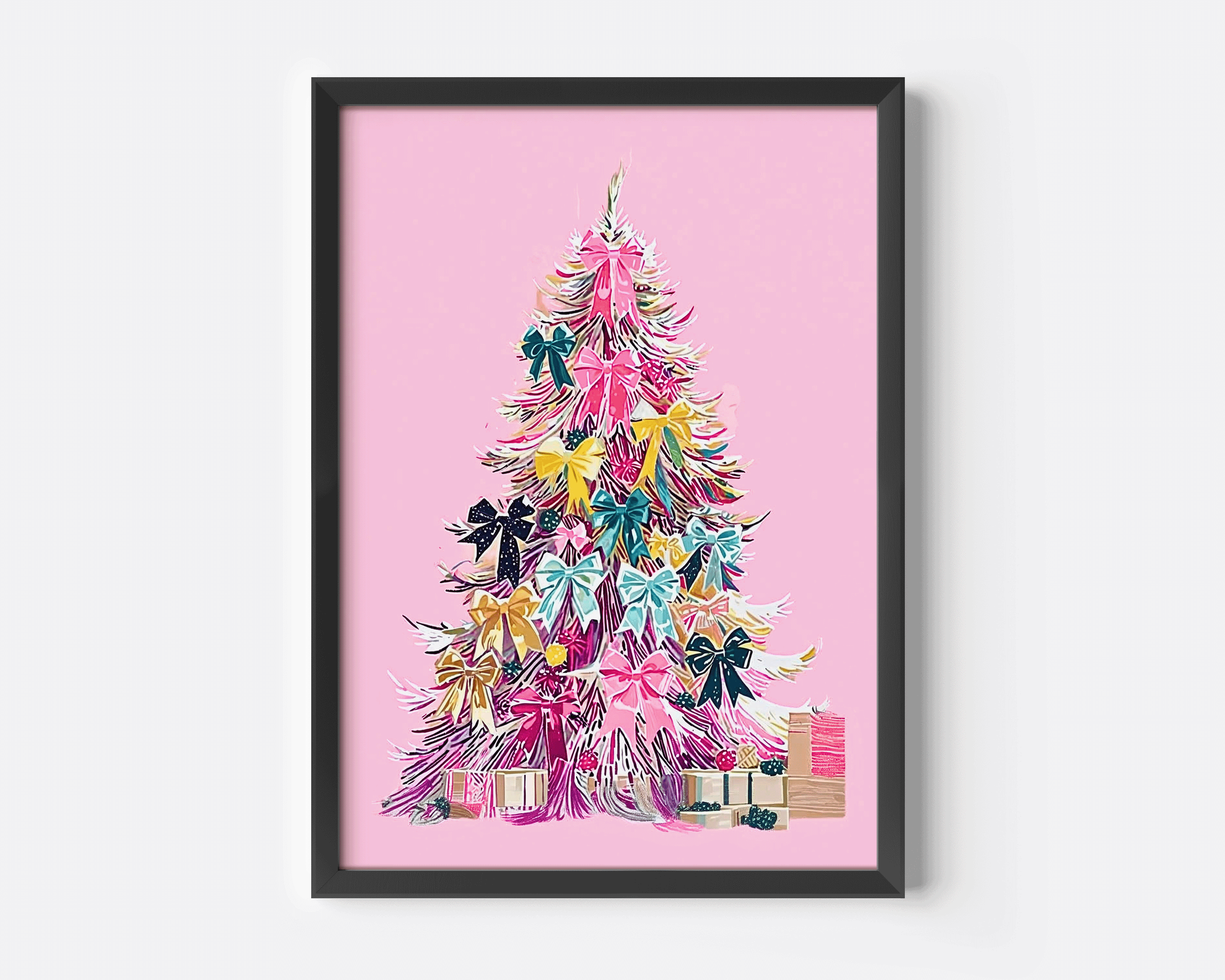 Pastel pink Christmas tree canvas wall art print with colorful ribbons, cheerful and modern holiday artwork, close-up with black frame