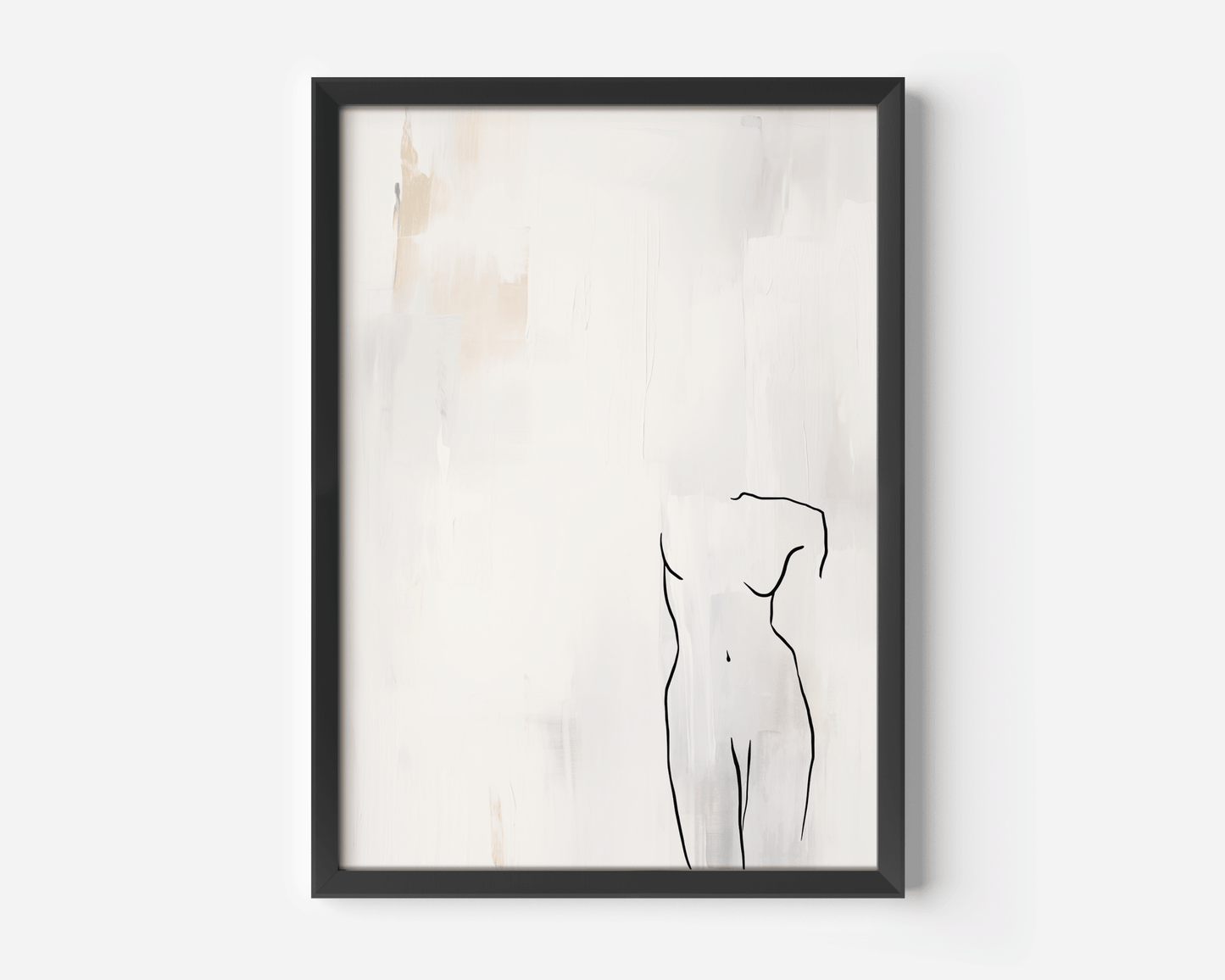 Close-up of minimalist line figure wall art print showing a black contour body sketch on textured white and light beige background with subtle brush details, black frame