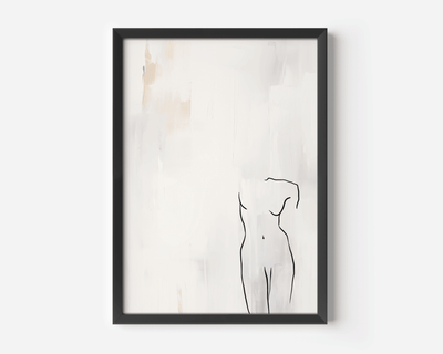 Close-up of minimalist line figure wall art print showing a black contour body sketch on textured white and light beige background with subtle brush details, black frame
